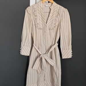 To The Max vintage striped belted long sleeve collar dress with floral accents